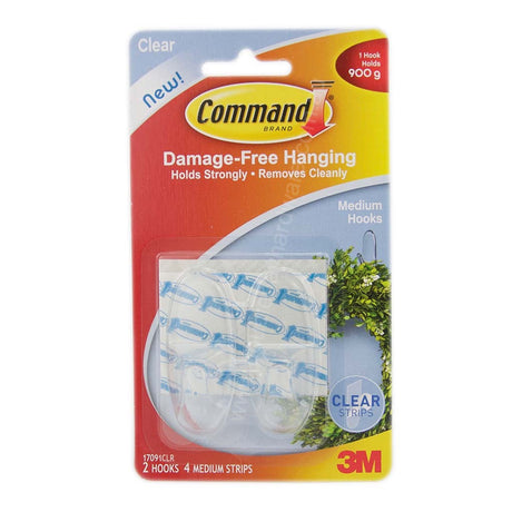 3M Command Damage-Free Hanging Med Clear Hook 2 Hooks 4 Strips 900g 17091CLR