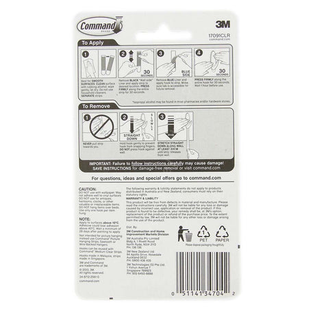 3M Command Damage-Free Hanging Med Clear Hook 2 Hooks 4 Strips 900g 17091CLR