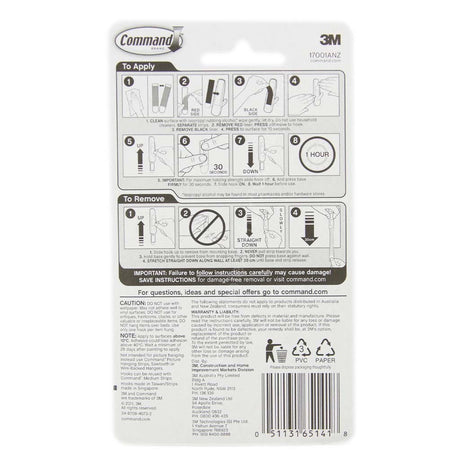 3M Command Damage-Free Hanging Medium Hooks 2 Hooks 4 Strips 1.3Kg 17001ANZ