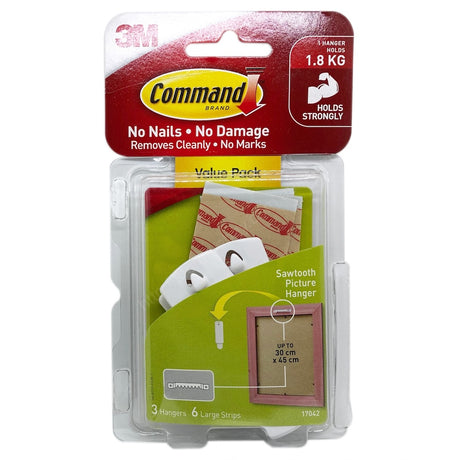 3M Command Damage-Free Hanging Sawtooth Picture Hook 3Hanger 6Strip 1.8Kg 17042