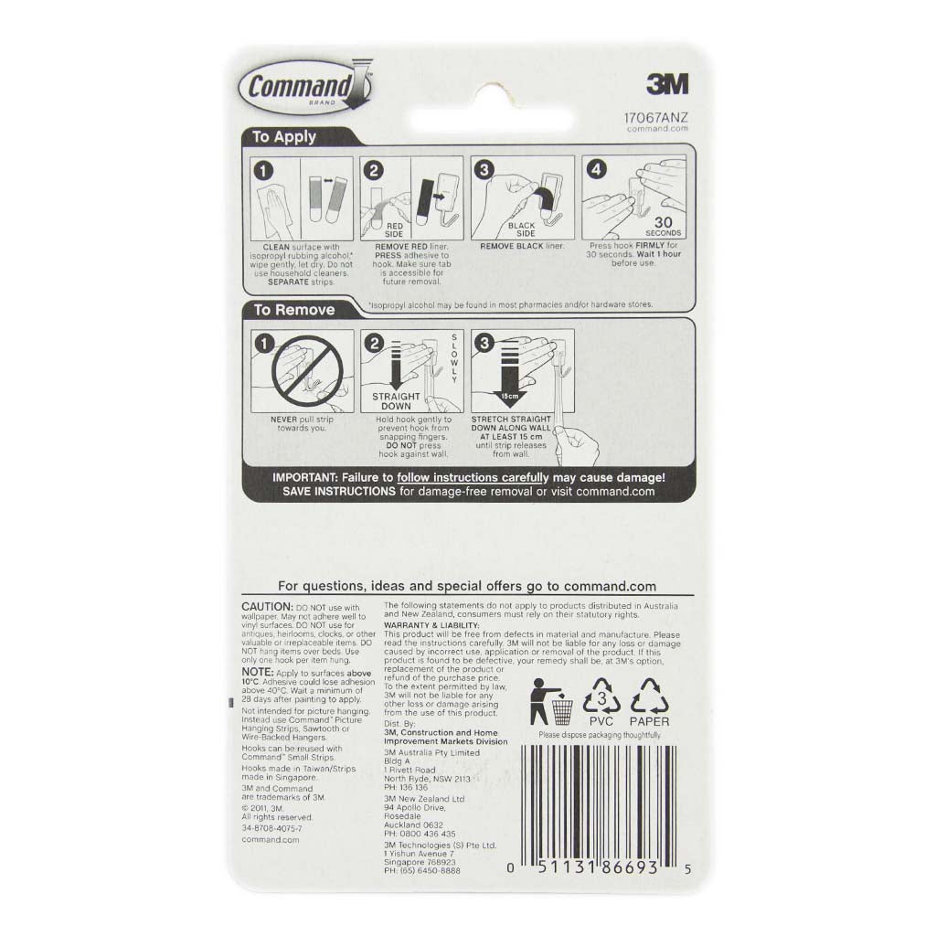 3M Command Damage-Free Hanging Utensil Hooks 3 Hooks 4 Strips 225g 17067ANZ