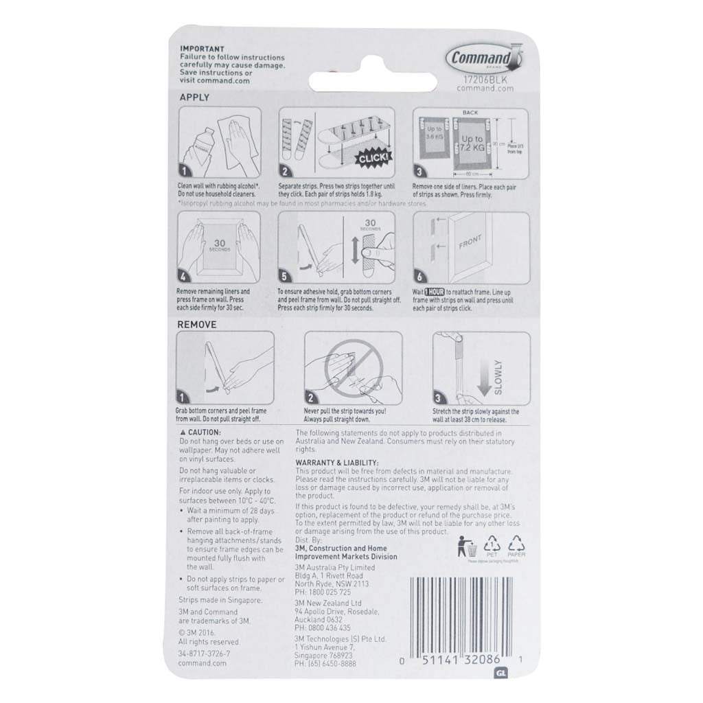 3M Command Damage-Free Large Picture Hanging Strips 7.2Kg 17206BLK