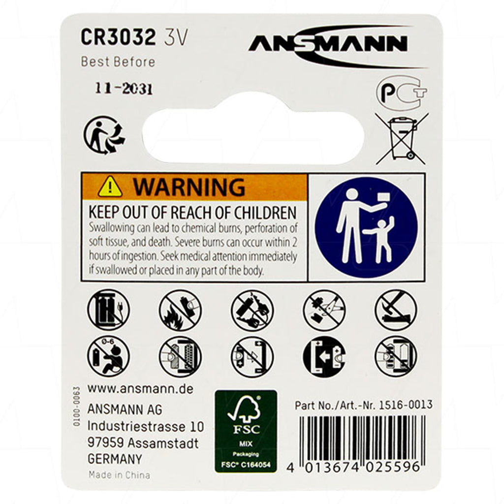 ANSMANN Lithium Coin Cell Battery 3V 550mAh CR3032