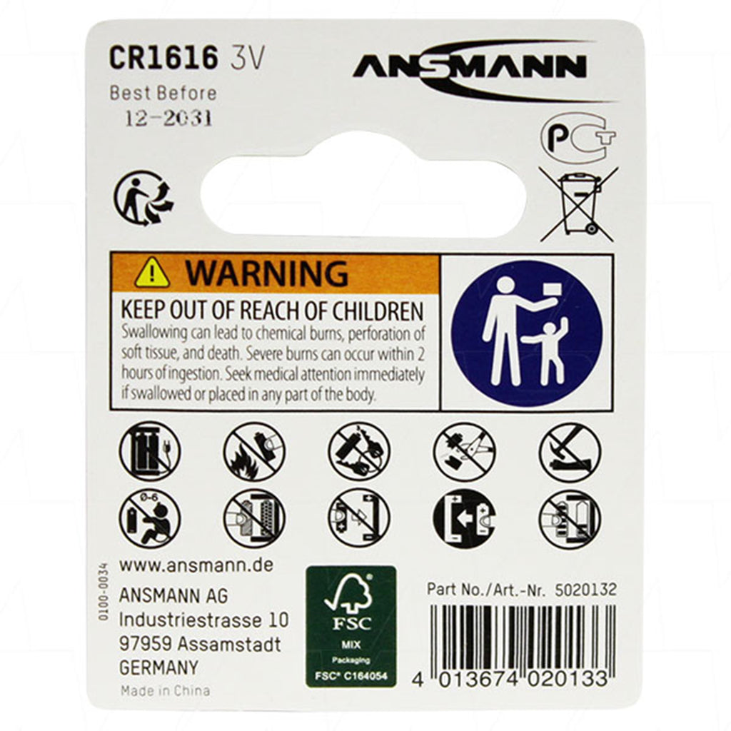 ANSMANN Lithium Coin Cell Battery 3V 55mAh CR1616