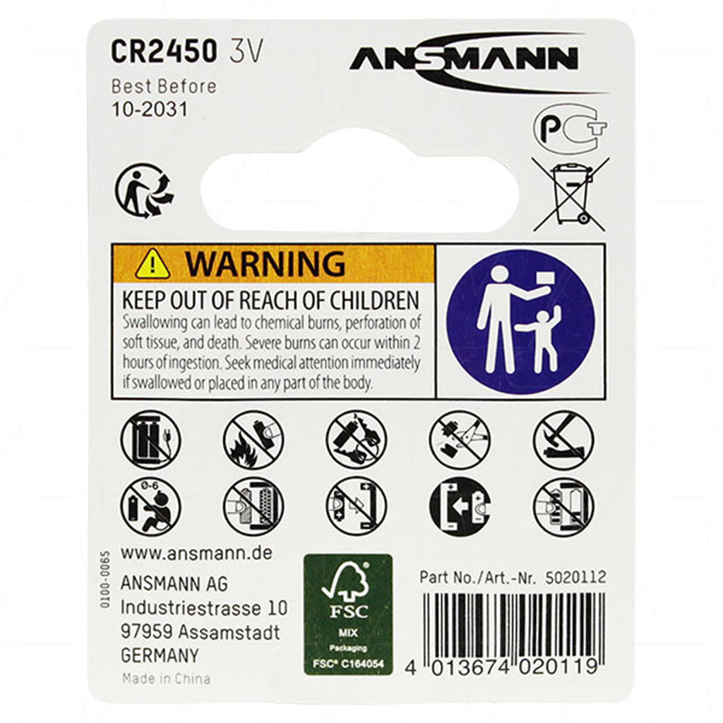 ANSMANN Lithium Coin Cell Battery 3V 630mAh CR2450