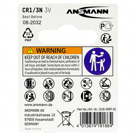 ANSMANN Lithium Coin Cell Battery 3V 160mAh CR1/3N