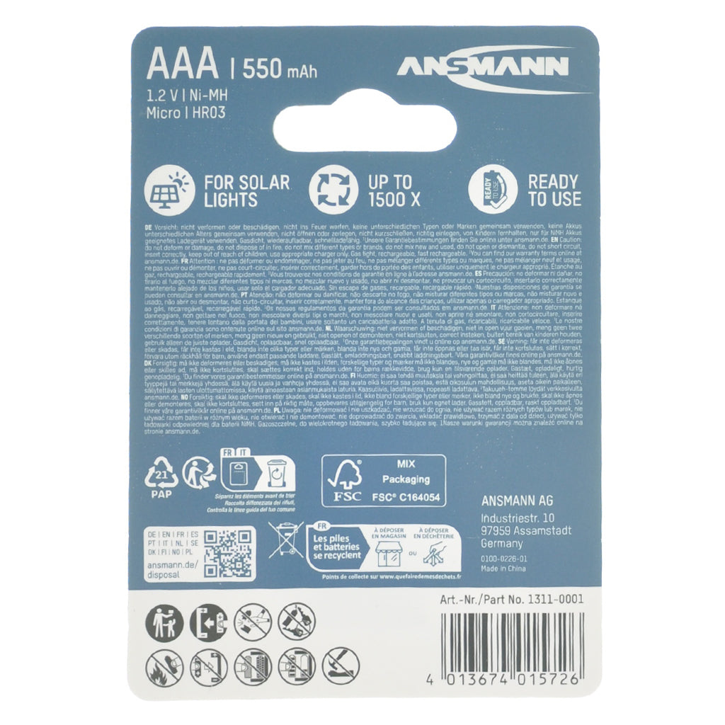 ANSMANN NiMH Rechargeable Battery 1.2V 550mAh AAA LR03