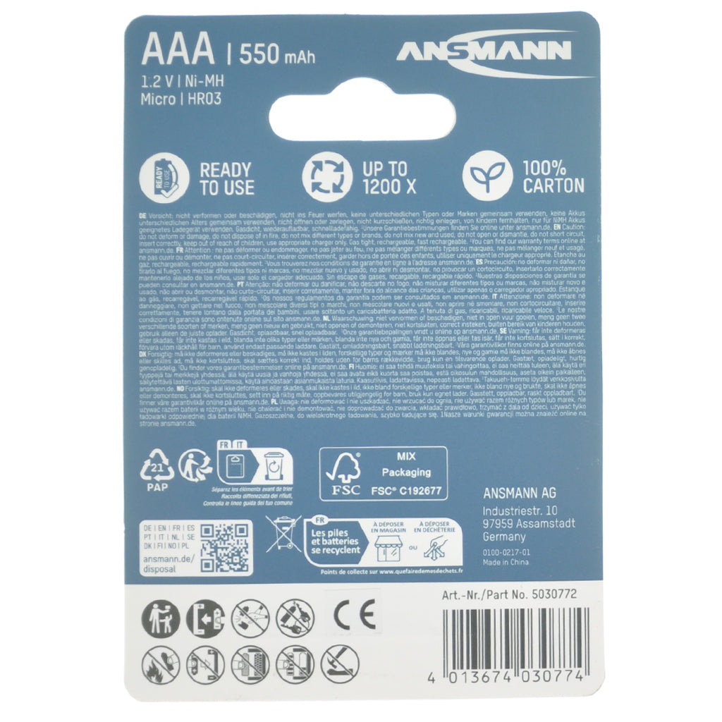 ANSMANN NiMH Rechargeable Battery 1.2V 550mAh AAA LR03 4Pcs