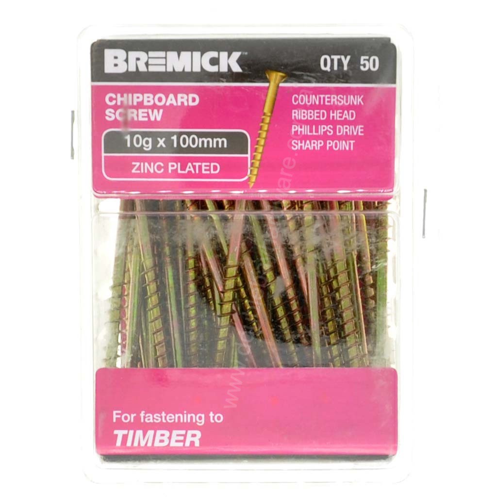 Bremick 10Gx100mm Countersunk Chipboard Screw Phillips Zinc Plated 50Pcs