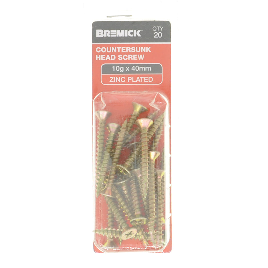 Bremick 10Gx40mm Countersunk Screw Phillips Zinc Plated 20Pcs