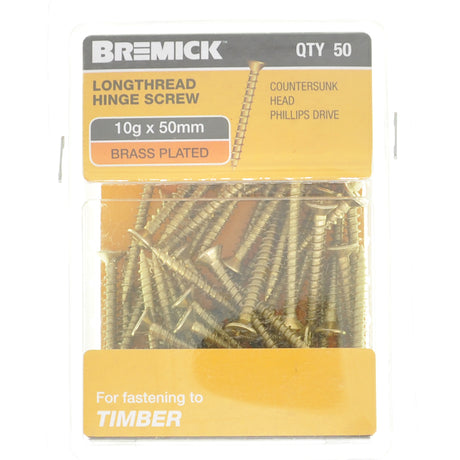 Bremick 10Gx50mm Countersunk Long Thread Hinge Screw Phillips Brass Plated 50Pcs