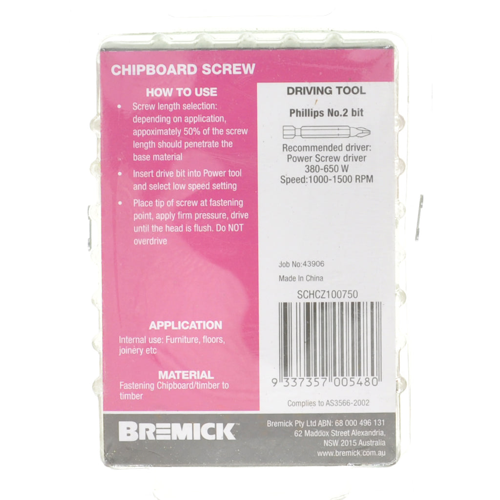 Bremick 10Gx75mm Countersunk Chipboard Screw Phillips Zinc Plated 50Pcs