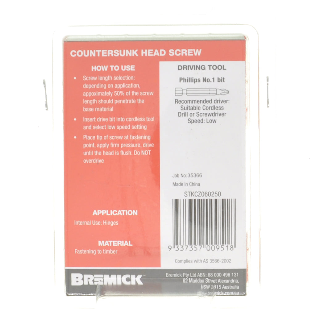 Bremick 6Gx25mm Countersunk Screw Phillips Zinc Plated 50Pcs