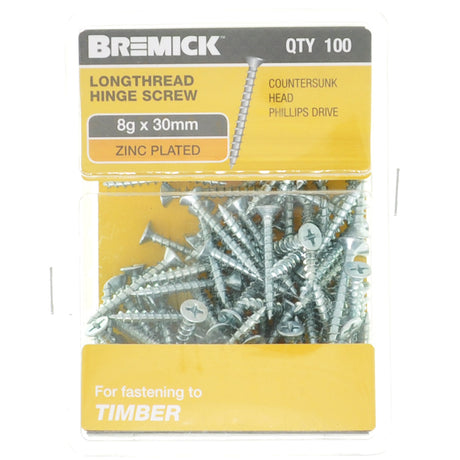 Bremick 8Gx30mm Countersunk Long Thread Hinge Screw Zinc Plated 100Pcs