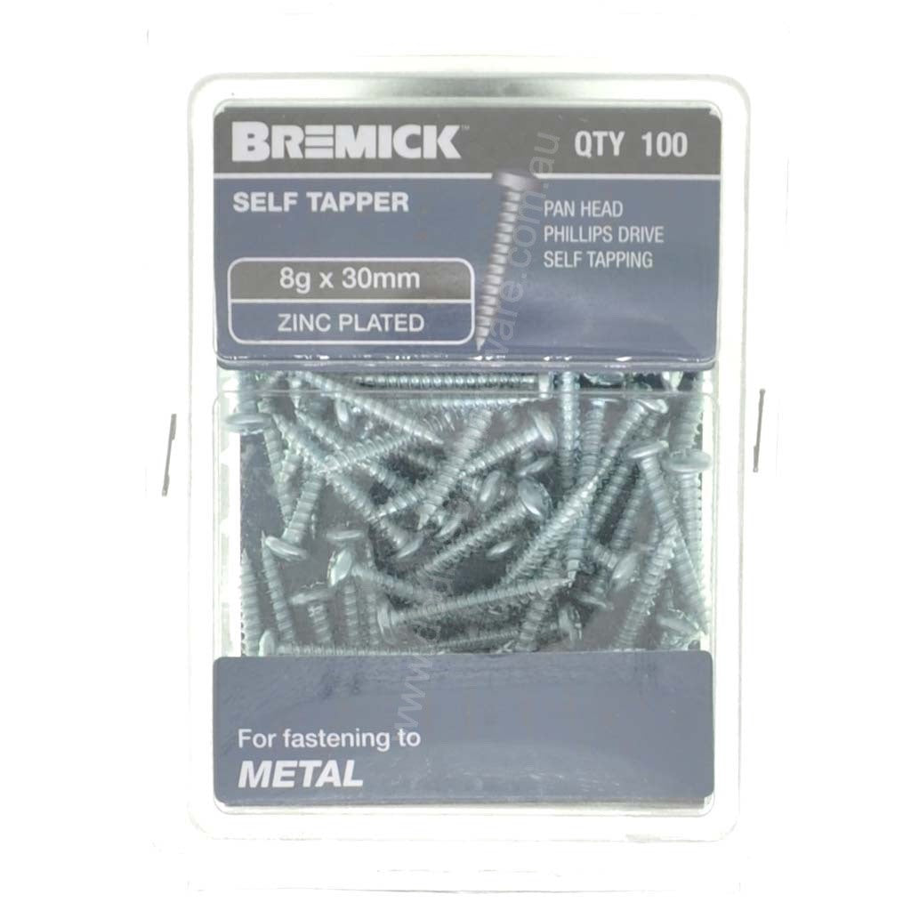 Bremick 8Gx30mm Pan Head Self Tapping Screw Phillips Zinc Plated 100Pcs