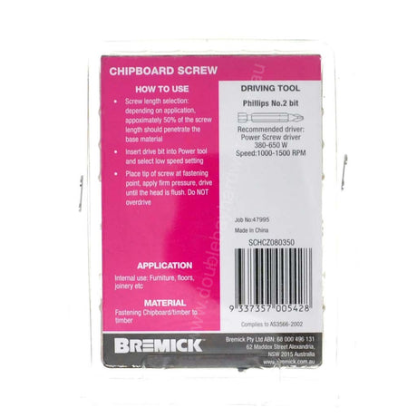 Bremick 8Gx35mm Countersunk Chipboard Screw Phillips Zinc Plated 100Pcs