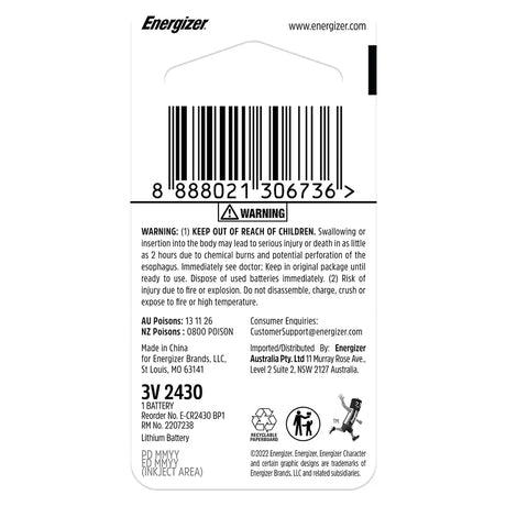 Energizer Lithium Coin Cell Battery 3V 300mAh CR2430