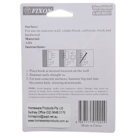 FIXON Handy Hardwall Nail Hooks On Concrete Wall 1500g 5 Hooks Included F1002