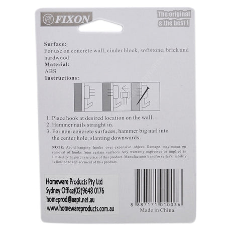 FIXON Handy Hardwall Nail Hooks On Concrete Wall 2000g 3 Hooks Included F1003