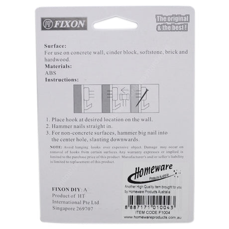 FIXON Handy Hardwall Nail Hooks On Concrete Wall 3000g 2 Hooks Included F1004