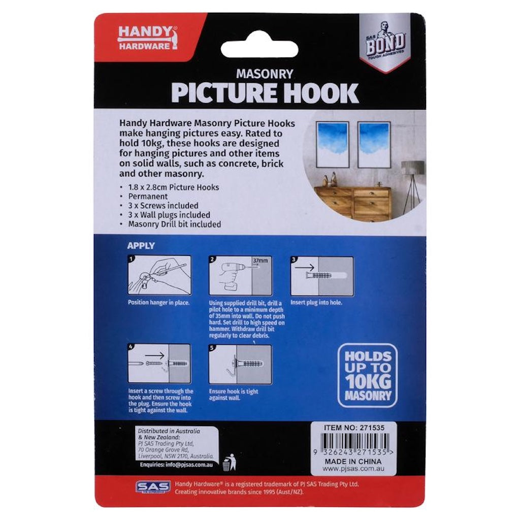 Handy Hardware Masonry Picture Hook Set 10Kg 3Pcs 271535