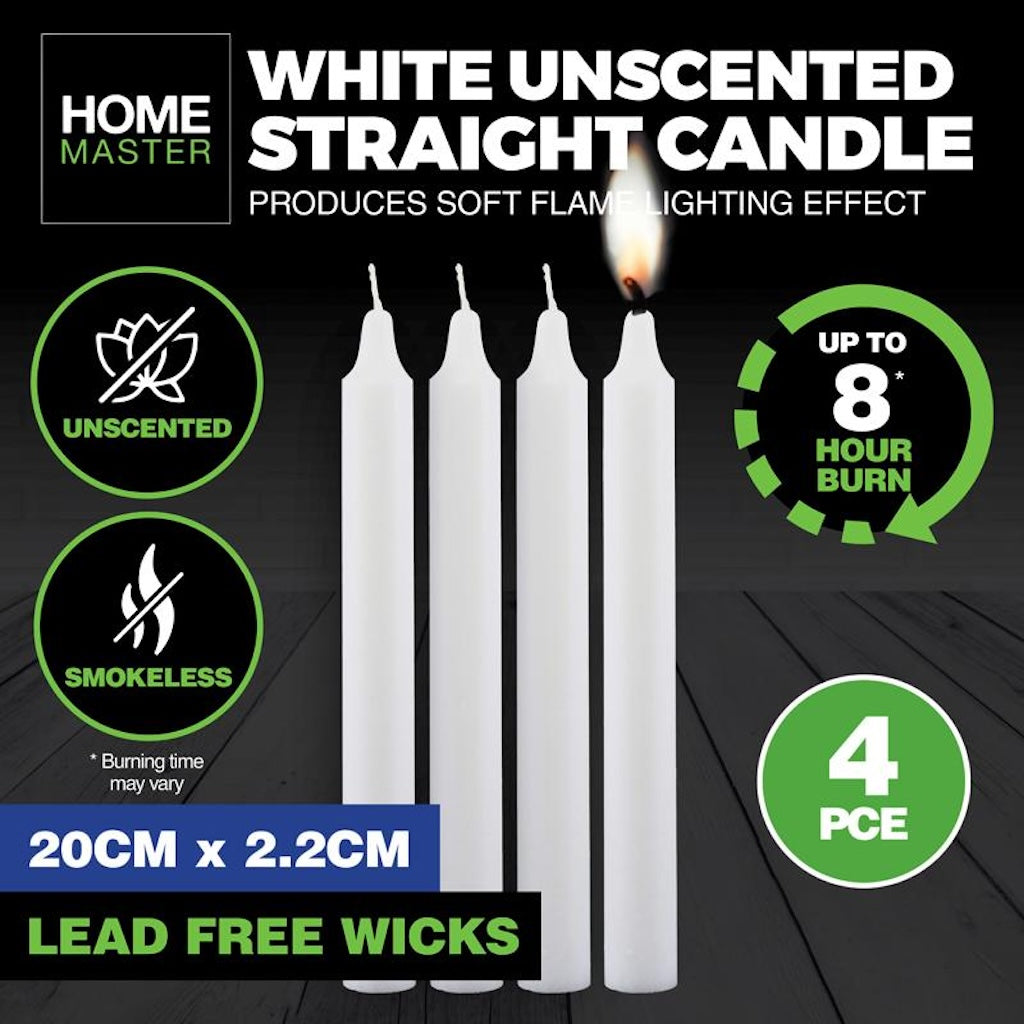 HOME MASTER White Unscented Straight Candles 8 Hours Burn 4Pcs 2.2x20cm 145171