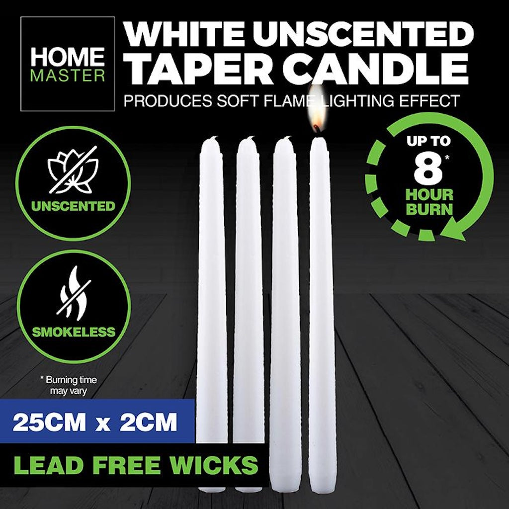 HOME MASTER White Unscented Taper Candles 8 Hours Burn 4Pcs 25x2cm 145157