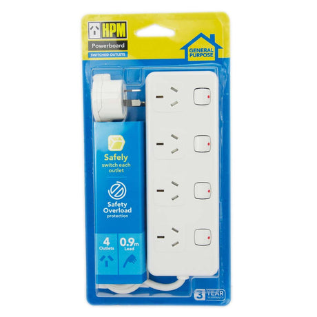 HPM 0.9m 4 Switched Outlets Powerboard With Safety Overload Protection D104WE