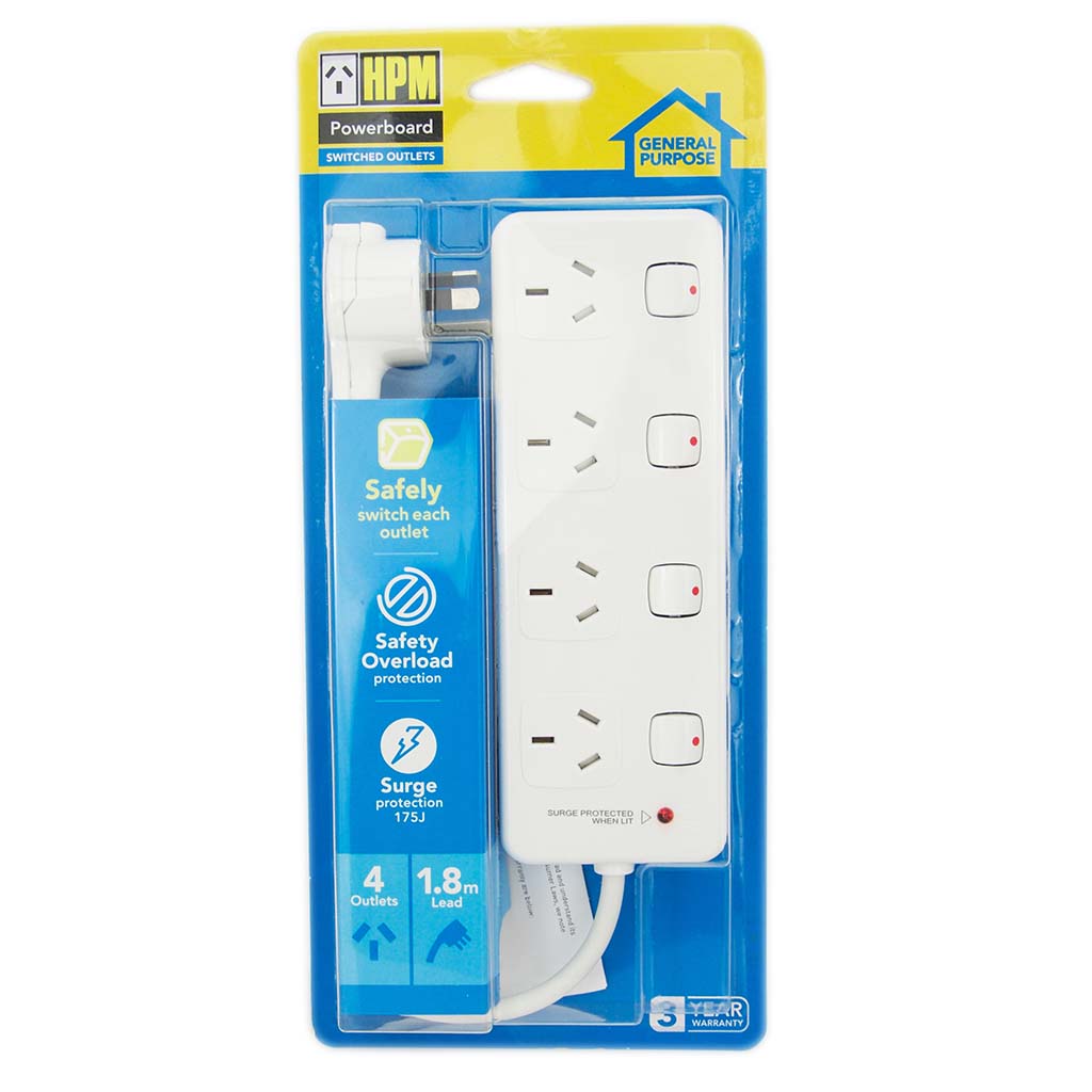 HPM 1.8m 4 Switched Outlets Powerboard With Safety Overload Protection D104PAWE