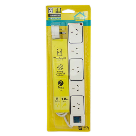 HPM 1.8m 5 Outlets Powerboard With Surge & Safety Overload Protection D105/5TRPA