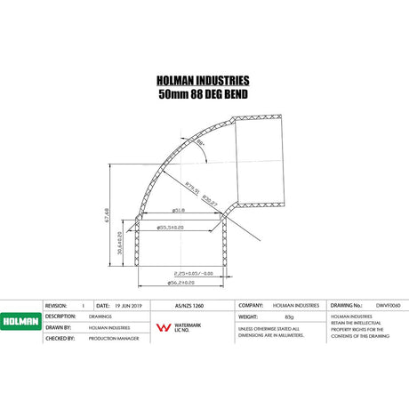 Holman 50mm 88° F&F PVC Elbow DWVF0060