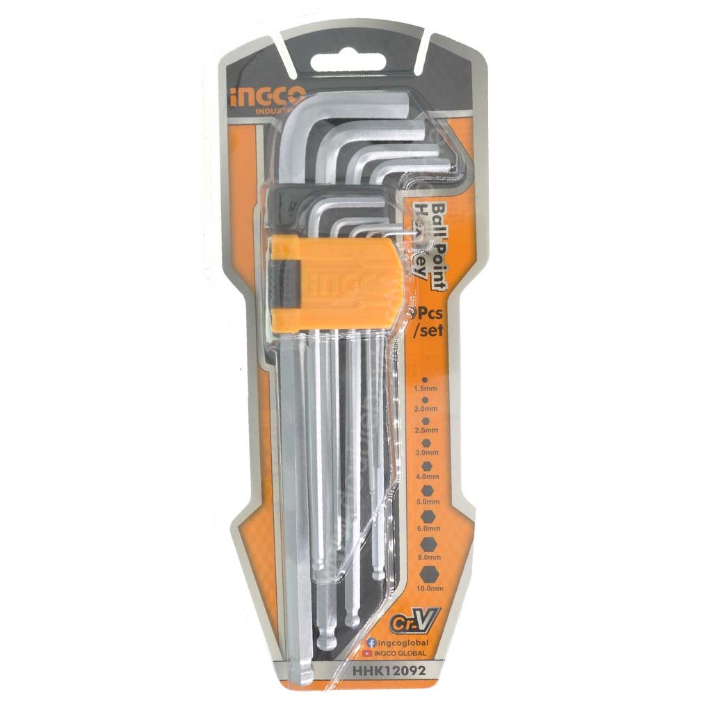 Ingco Extra Long Arm Ball Point Hex Key Set 1.5-10mm 9Pcs HTM-HHK12092