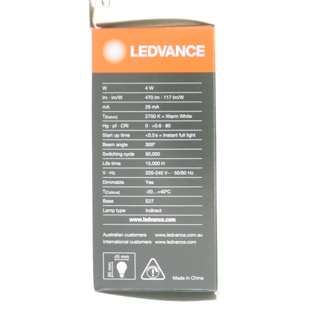 Ledvance Fancy Round LED Light Bulb E27 240V 4W W/W Pearl