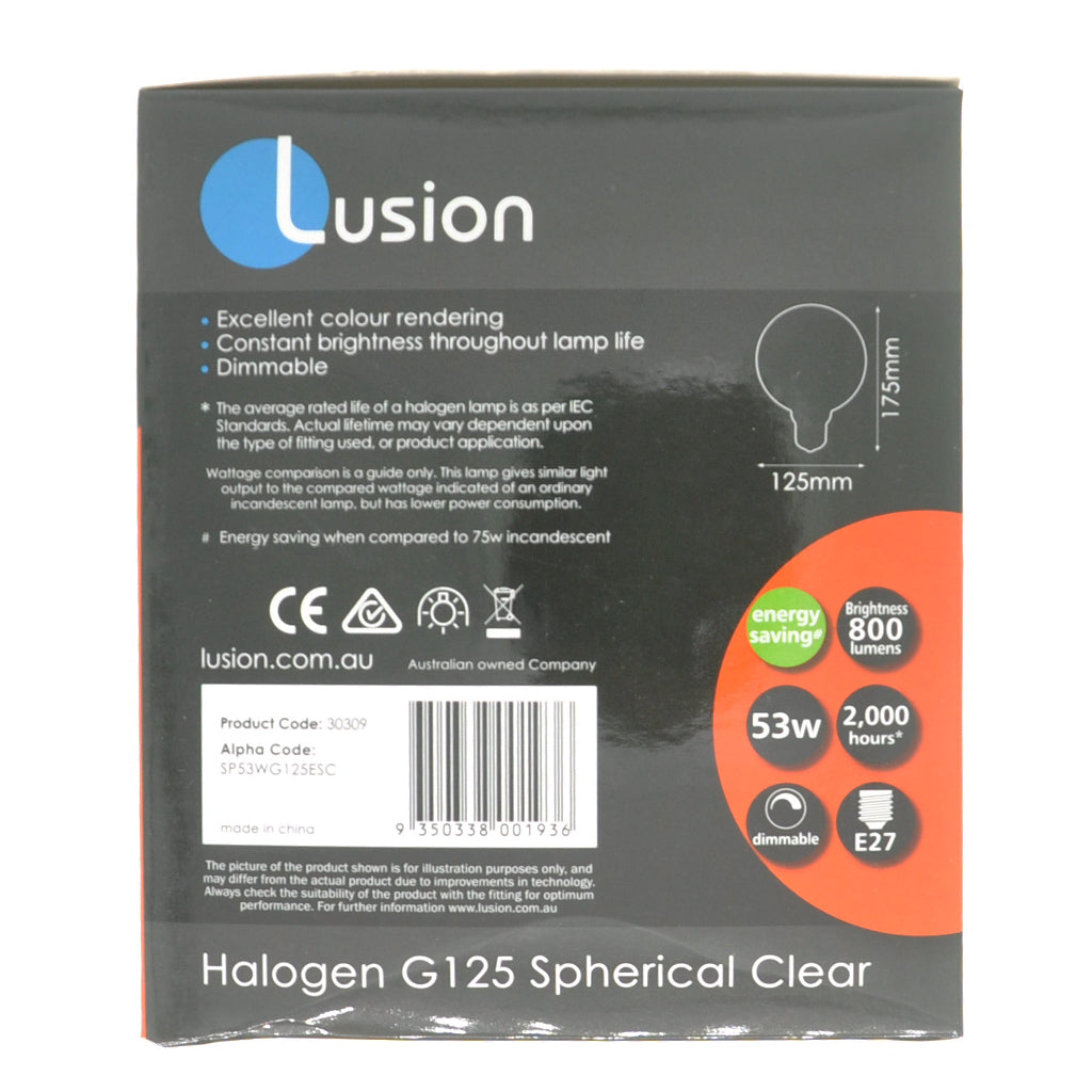 Lusion G125 Spherical Halogen Light Bulb E27 240V 53W Clear 30309