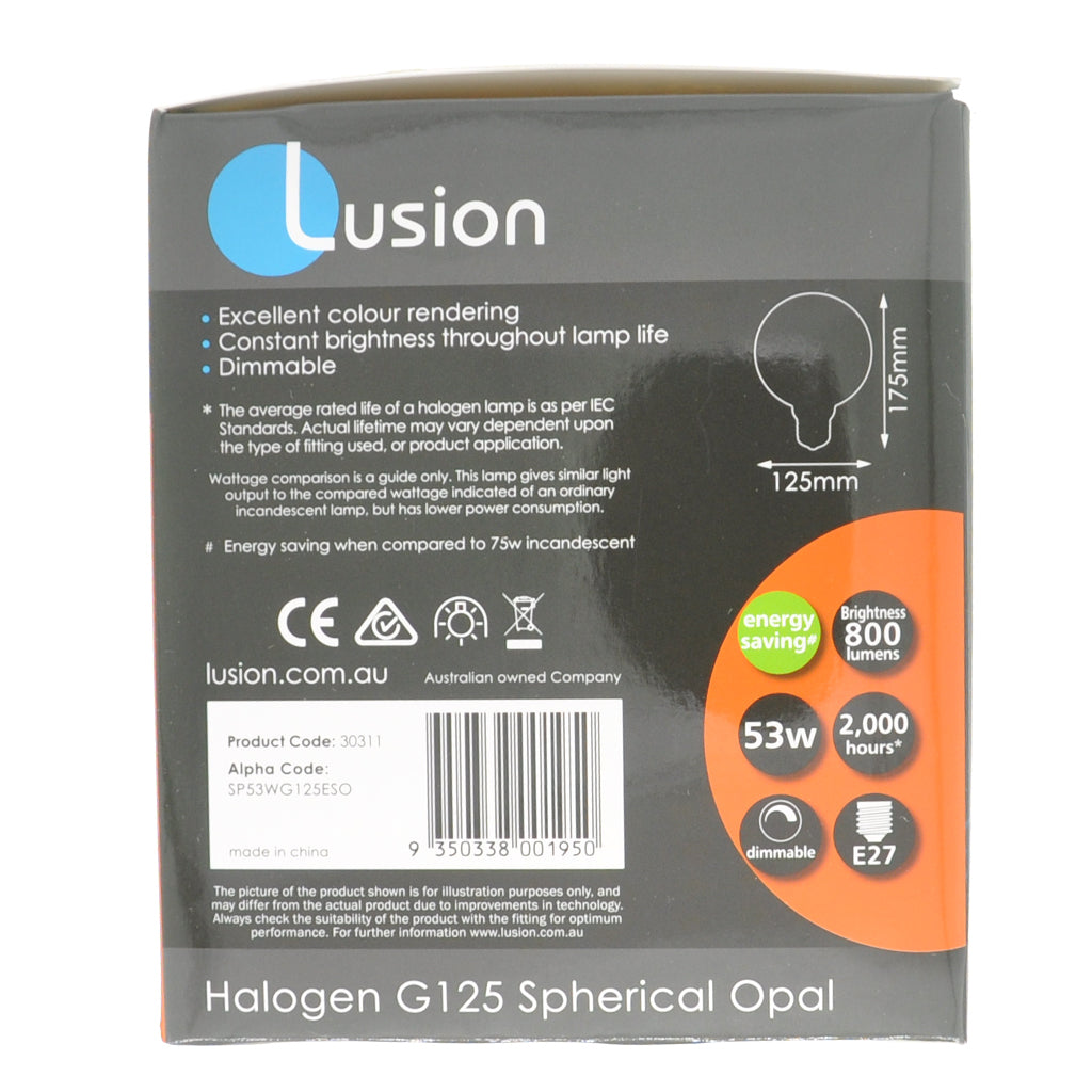 Lusion G125 Spherical Halogen Light Bulb E27 240V 53W Opal 30311