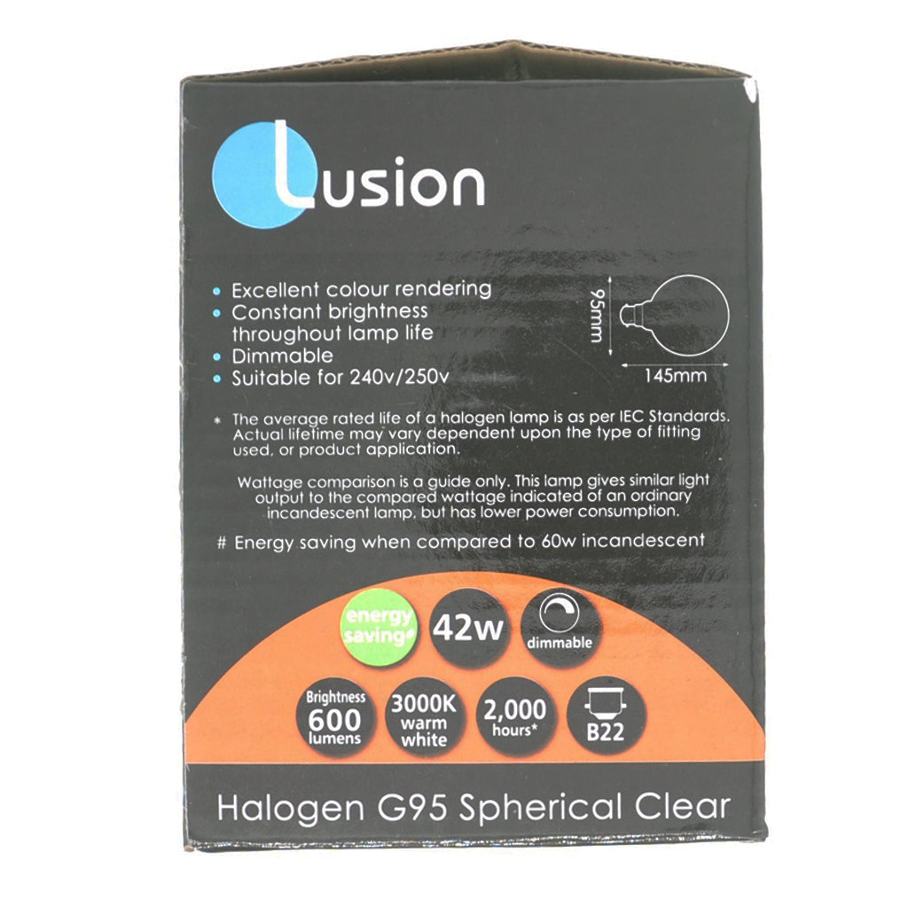 Lusion G95 Spherical Halogen Light Bulb B22 240V 42W Clear 30304