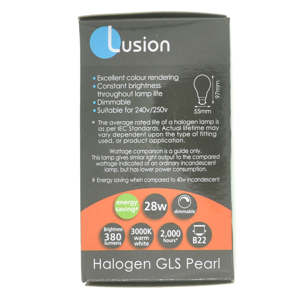 Lusion GLS Halogen Light Bulb B22 240V 28W Pearl 30021