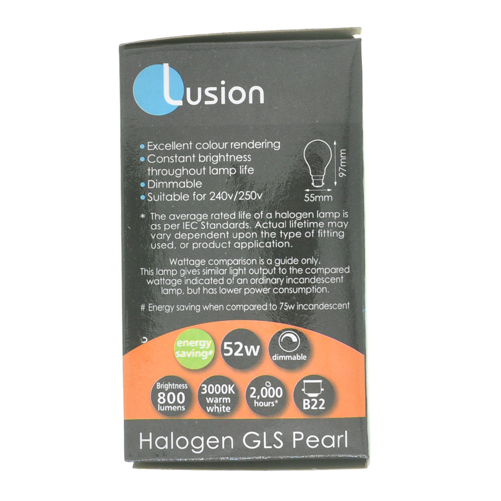 Lusion GLS Halogen Light Bulb B22 240V 52W Pearl 30025