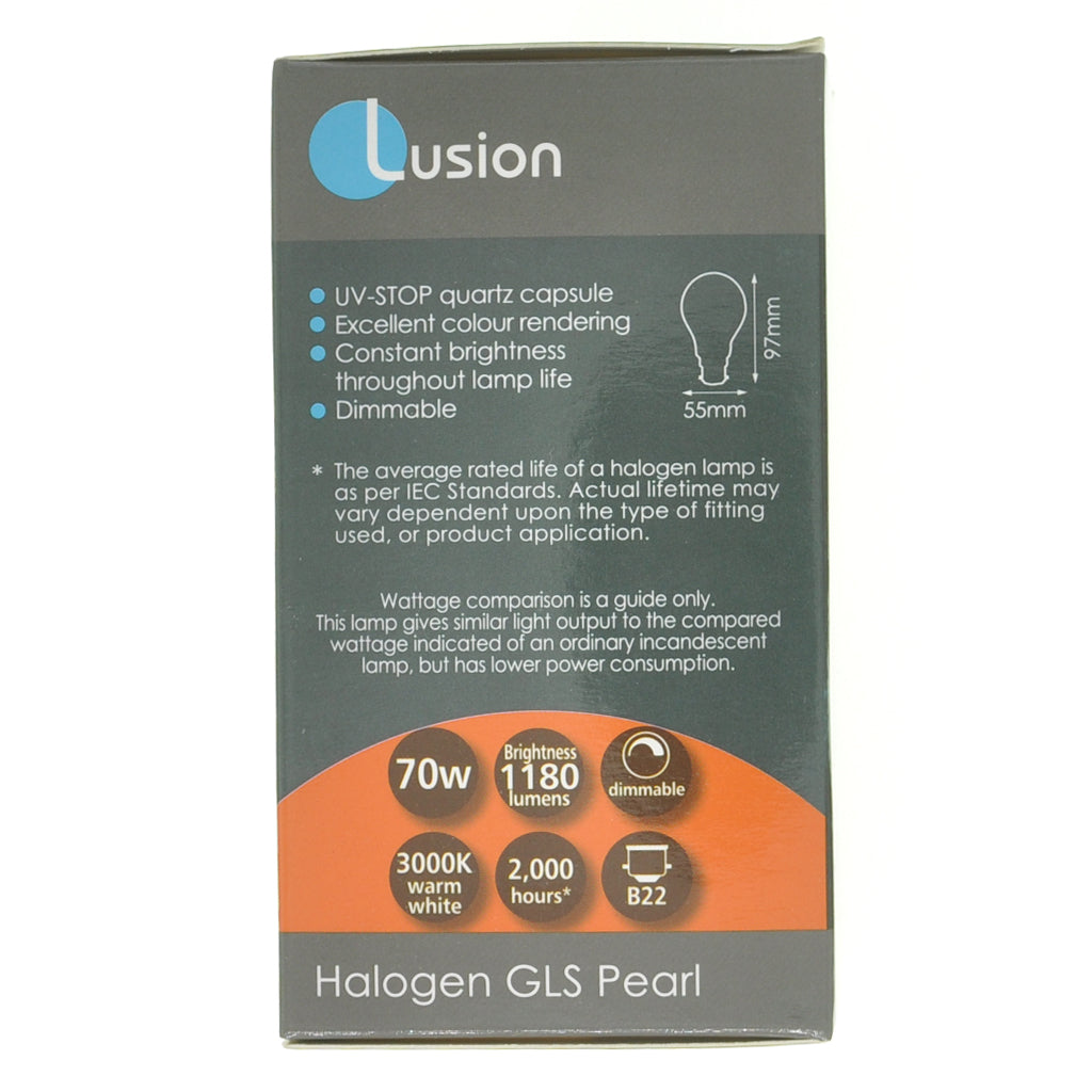 Lusion GLS Halogen Light Bulb B22 240V 70W Pearl 30027