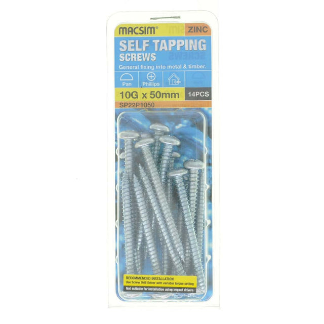 MACSIM 10Gx50mm Pan Head Self Tapping Screws Philips Zinc 14Pcs SP22P1050