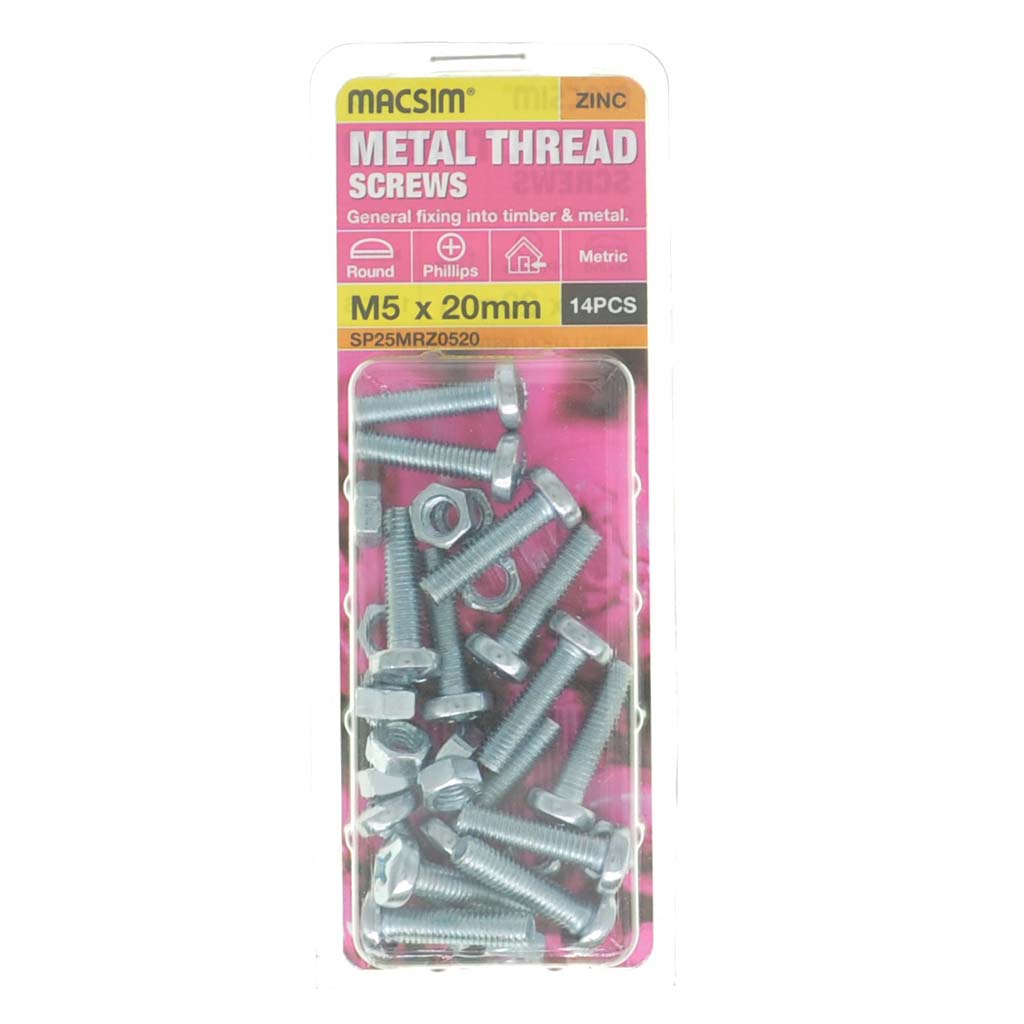 MACSIM M5x20mm METALTHREAD Screw Round Head Zinc 14Pcs SP25MRZ0520