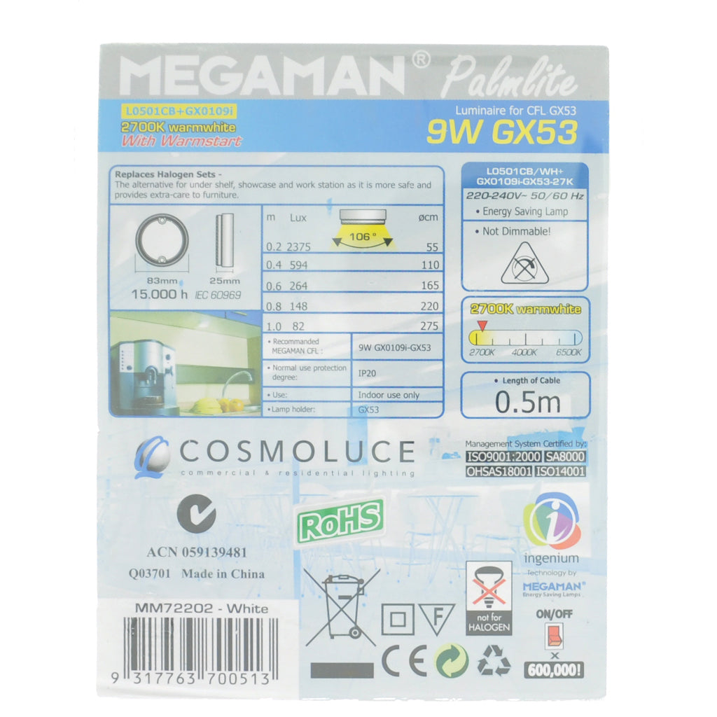 MEGAMAN Compact Fluorescent Light Bulb GX53 240V 9W W/W