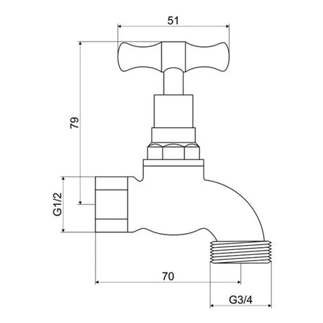 Mildon Female T Head Hose Cock 1/2" (15mm) Chrome 999A