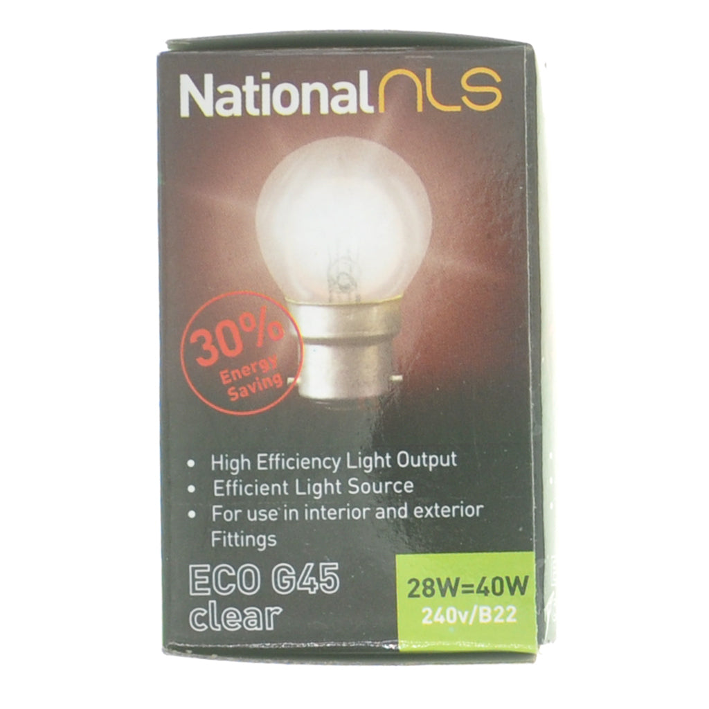 National nls Fancy Round Halogen Light Bulb B22 240V 28W Clear 10296NLS