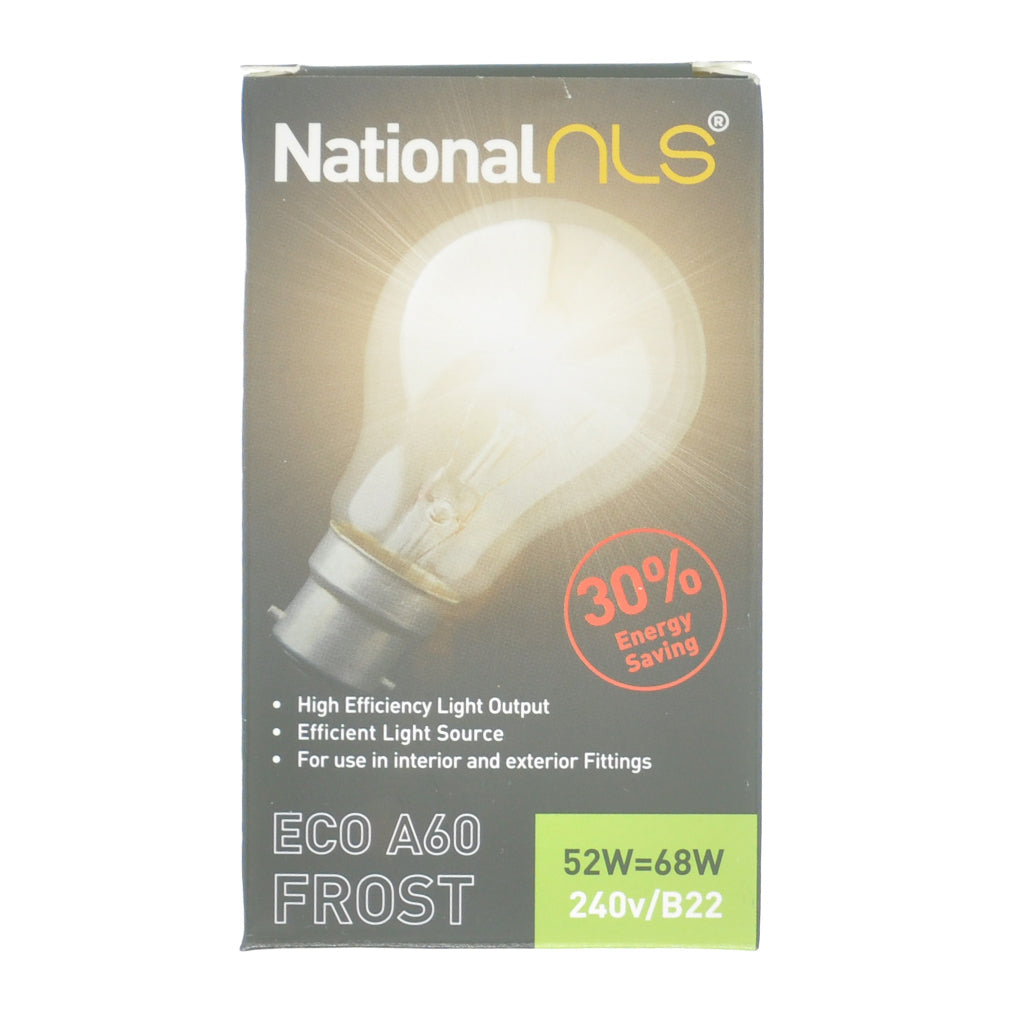 National nls GLS Halogen Light Bulb B22 240V 52W Frost