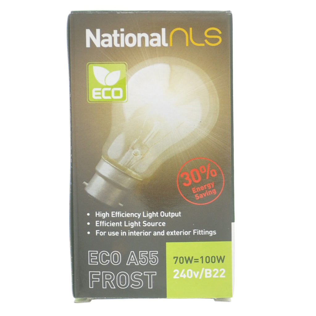 National nls GLS Halogen Light Bulb B22 240V 70W Frost 10326NLS