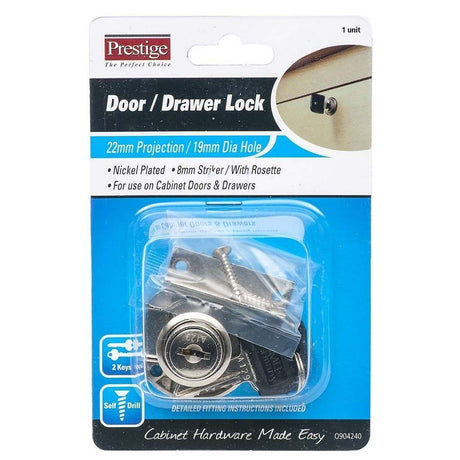 Prestige Door/Drawer Lock 22mm Projection 19mm Dia Hole 8mm Striker O904240