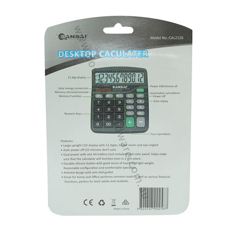 SANSAI Desktop Calculator 12 Digits With Auto ON/OFF Dual Power CAL2126