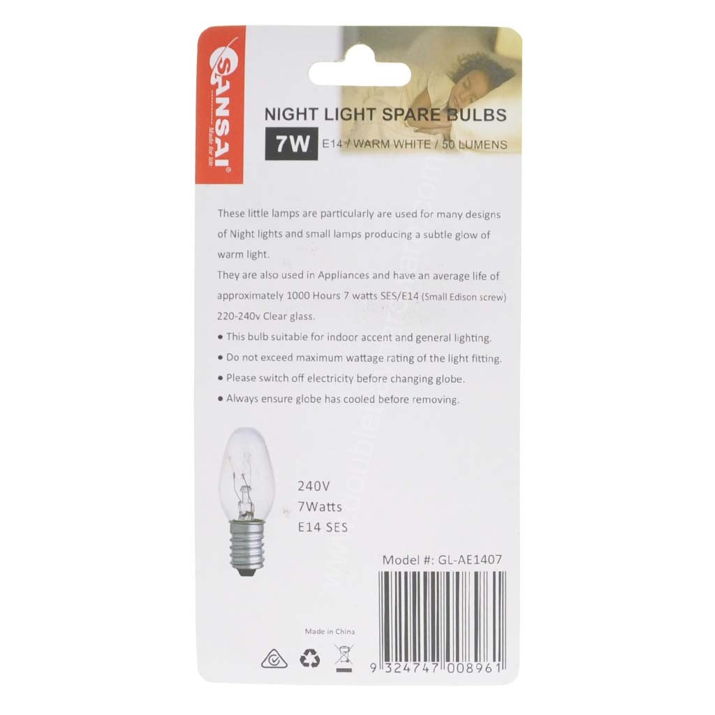 SANSAI Night Light Replacement Light Bulb E14 240V 7W GL-AE1407