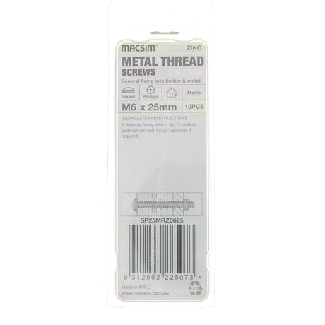 MACSIM M6x25mm METALTHREAD Screw Round Head Zinc SP25MRZ0625